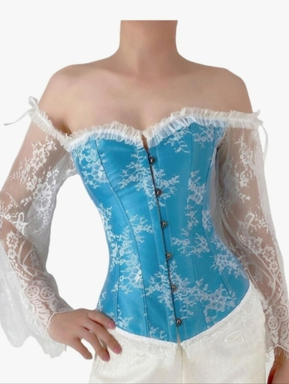 Blue Lace Long Sleeves Off-Shoulder Overbust Corset Top